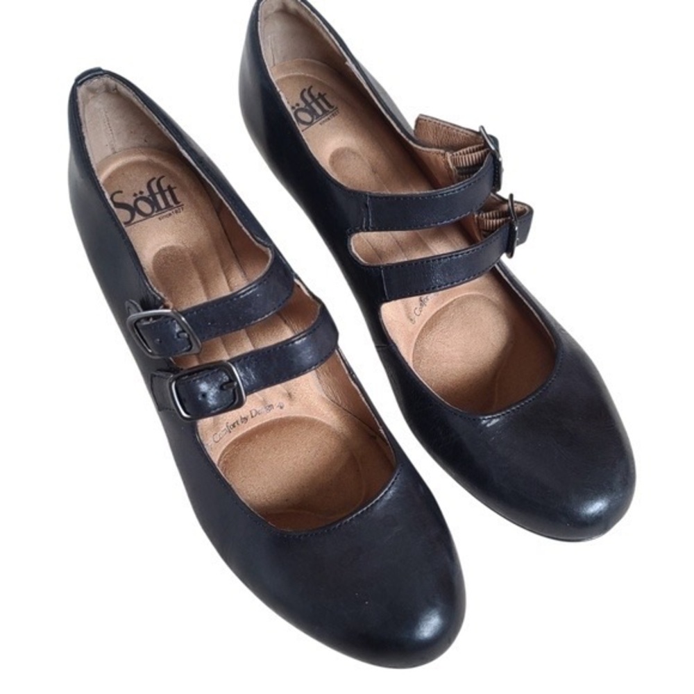 Sofft Black Leather Double-Strap Mary Jane Flats